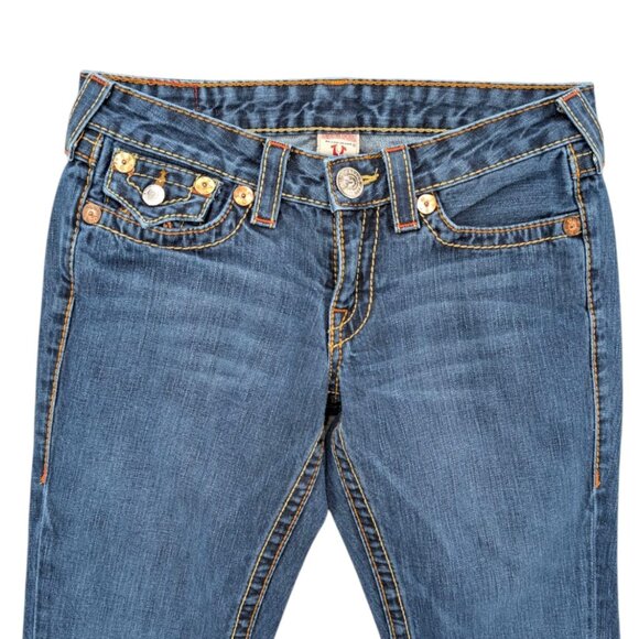 Vtg True Religion Rainbow Joey Flare Jeans Womens Blue Low Rise Big T Size 29 - Picture 3 of 11